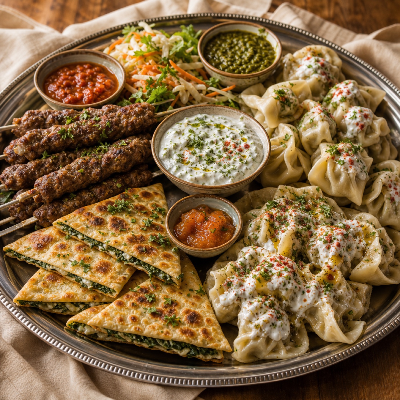 Afghan platter with kebab, mantoo, ashak, bolani, yogurt, and chutneys