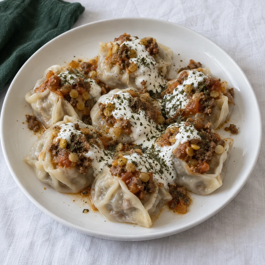 Illustrative image of Afghan mantoo with yogurt and tomato sauce