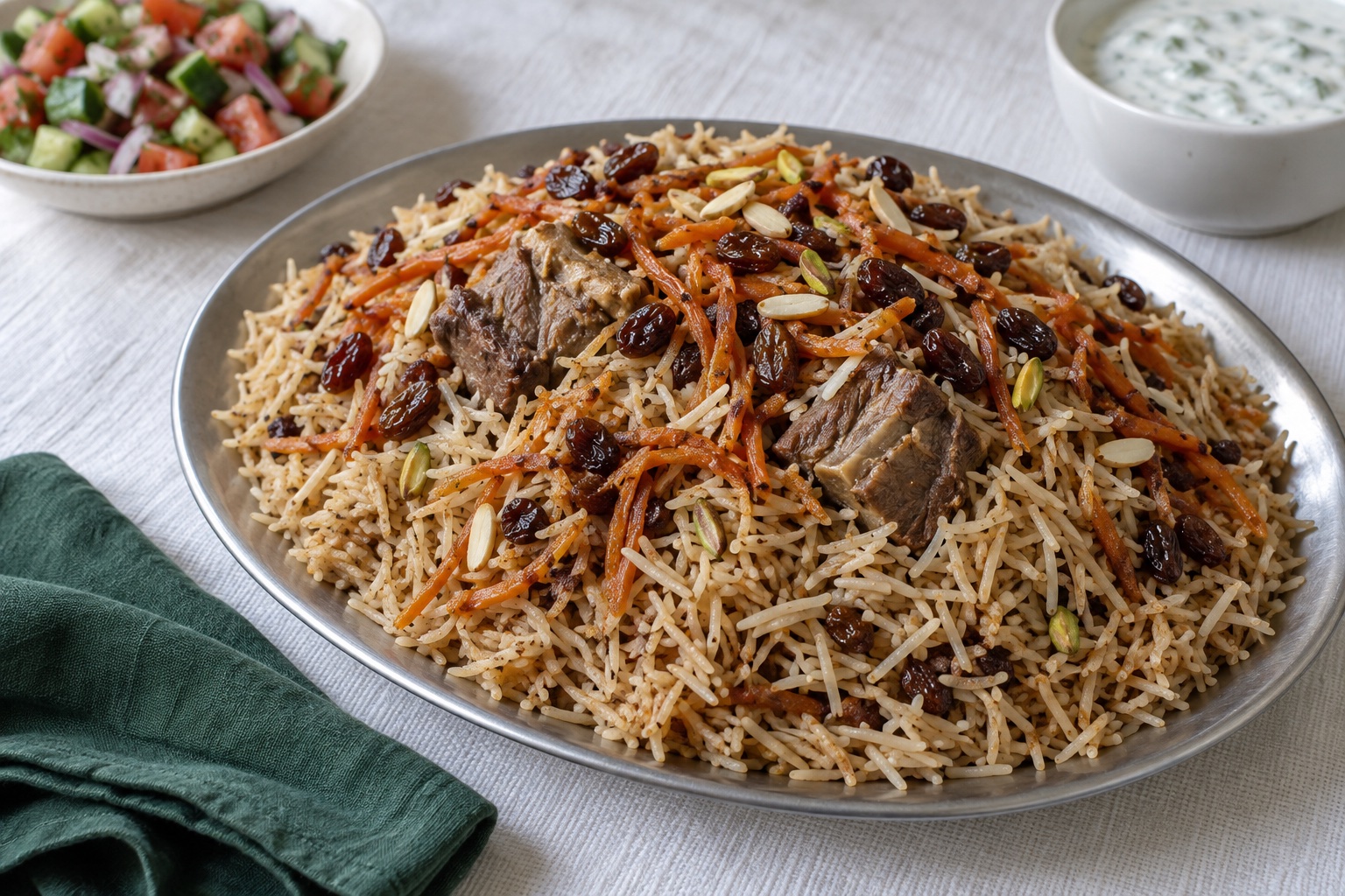 AI-generated illustration of Qabuli palaw with lamb, carrots, raisins, and nuts