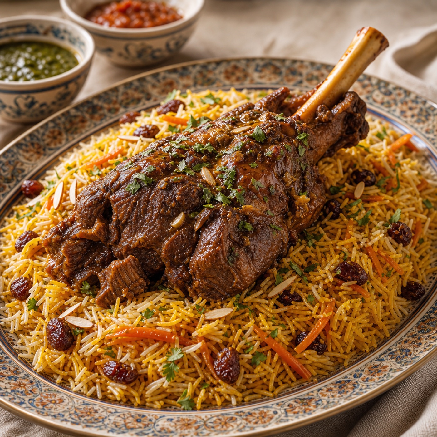 Slow-cooked lamb shank served over saffron rice