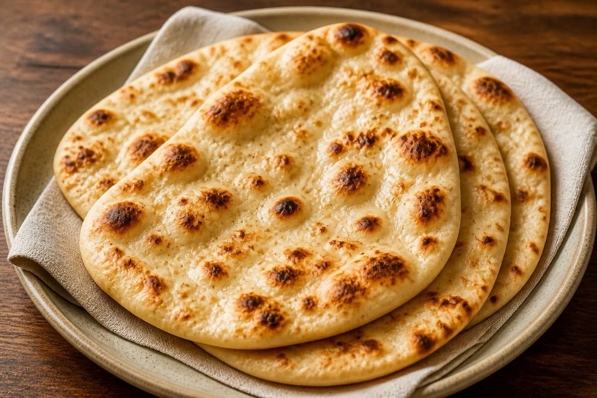 Warm Afghan naan bread pieces with browned spots