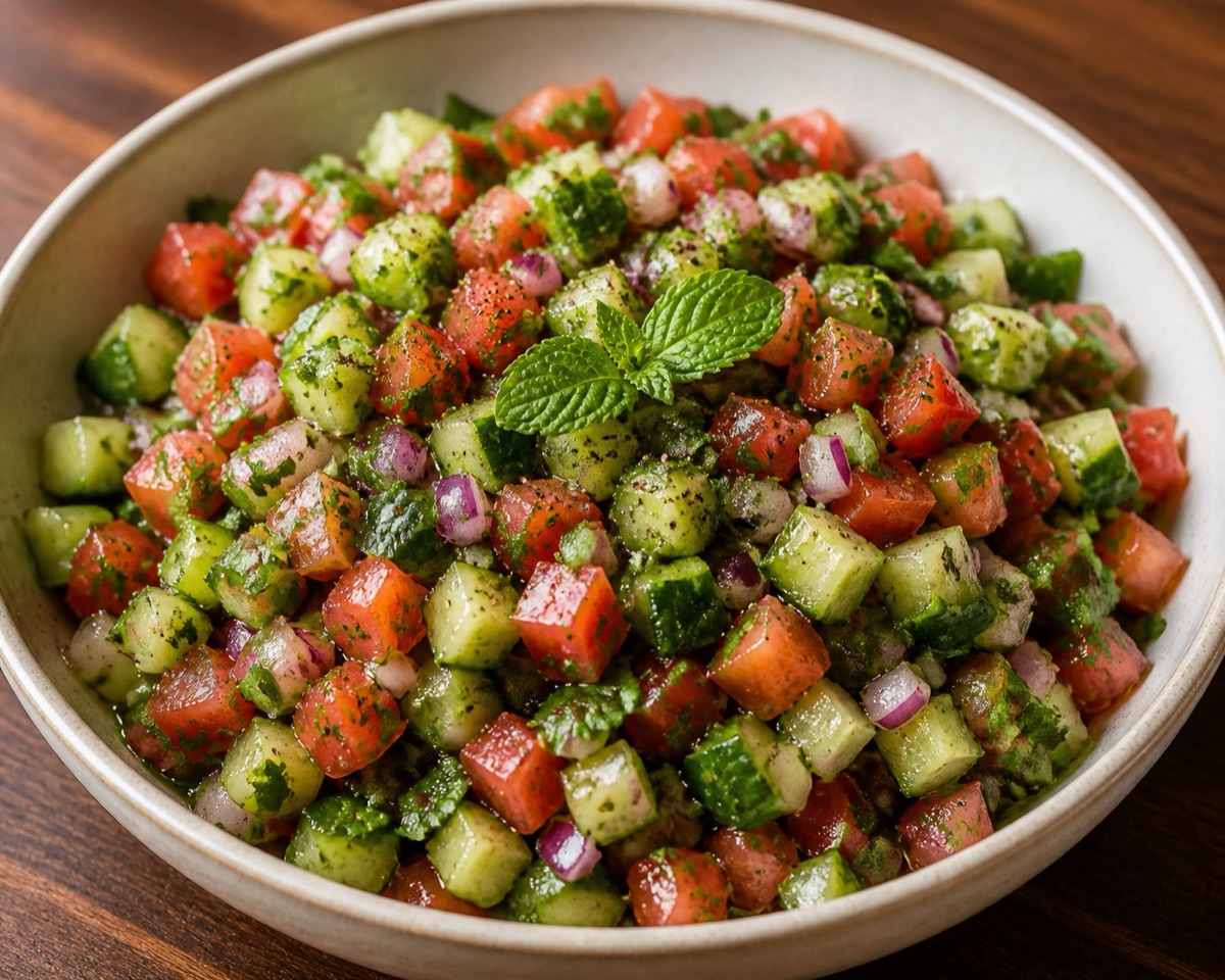 Afghan salata with diced cucumber, tomato, onion, and herbs