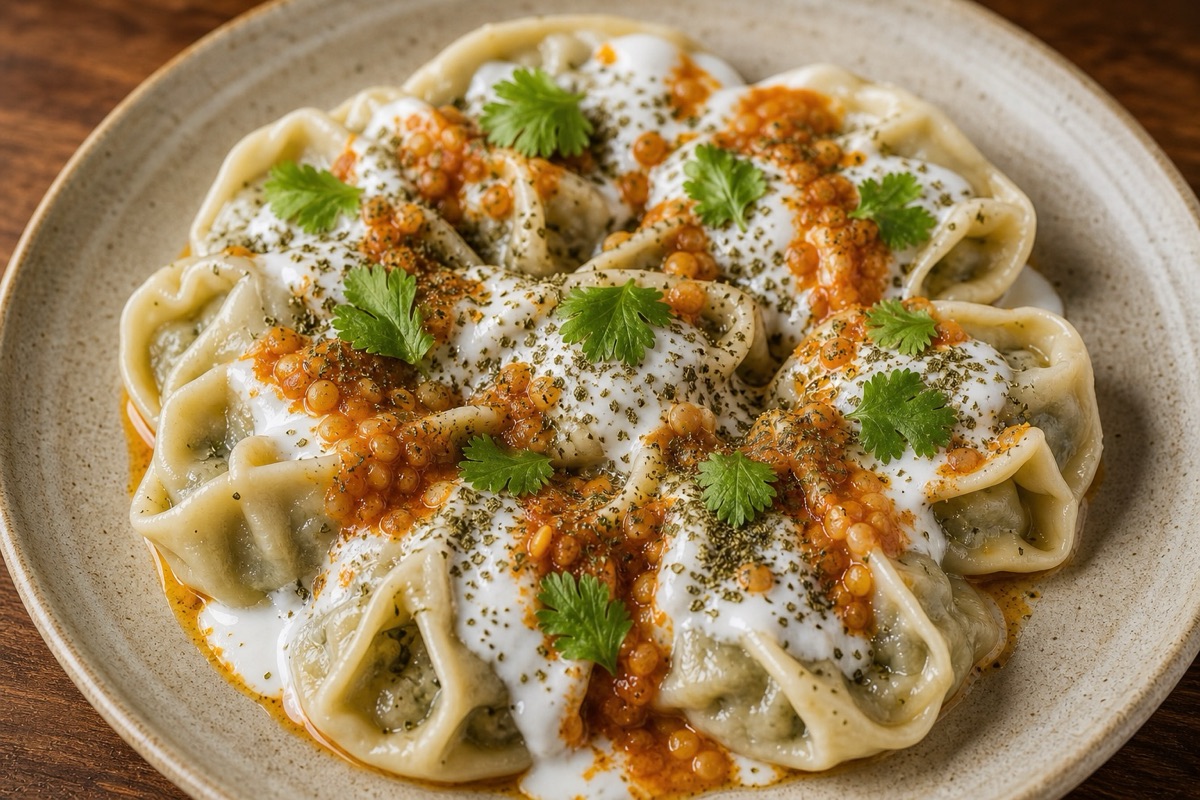 Ashak leek dumplings with yogurt sauce and herbs