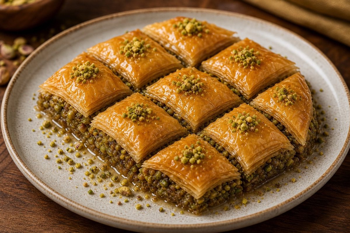 Baklava pieces with pistachios and honey glaze