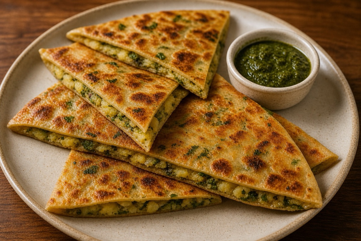 Golden bolani flatbread triangles with green chutney