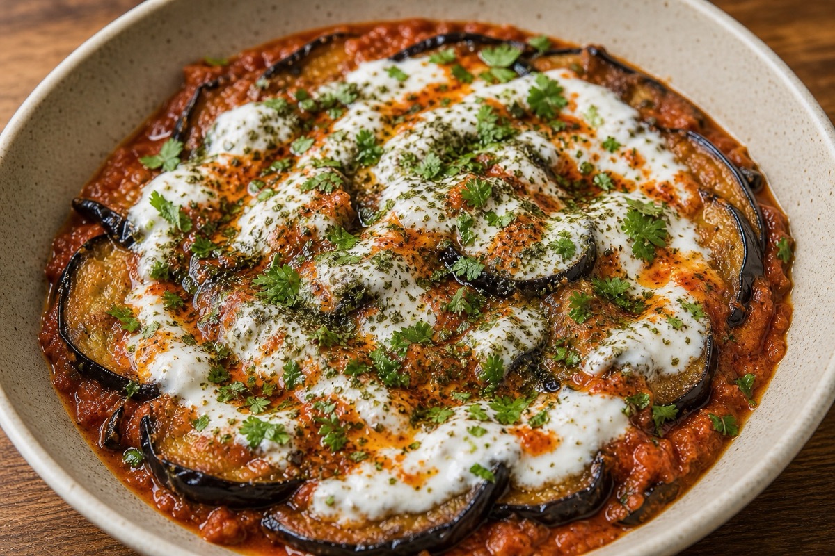 Bourani banjan eggplant with tomato sauce and yogurt