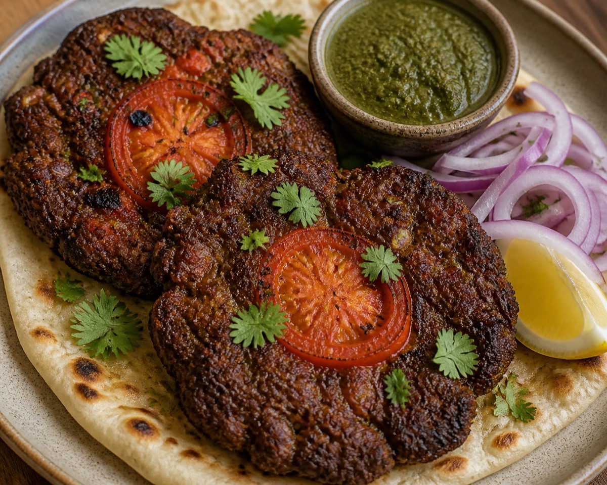 Chapli kabab patties with naan, onion, lemon, and chutney