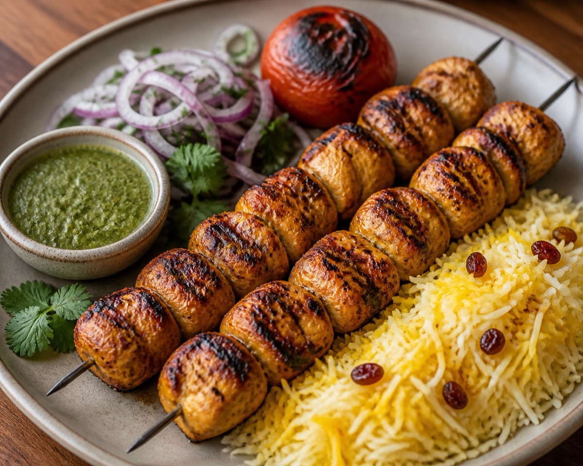 Chicken kabab plate with rice, grilled tomato, onion, and chutney