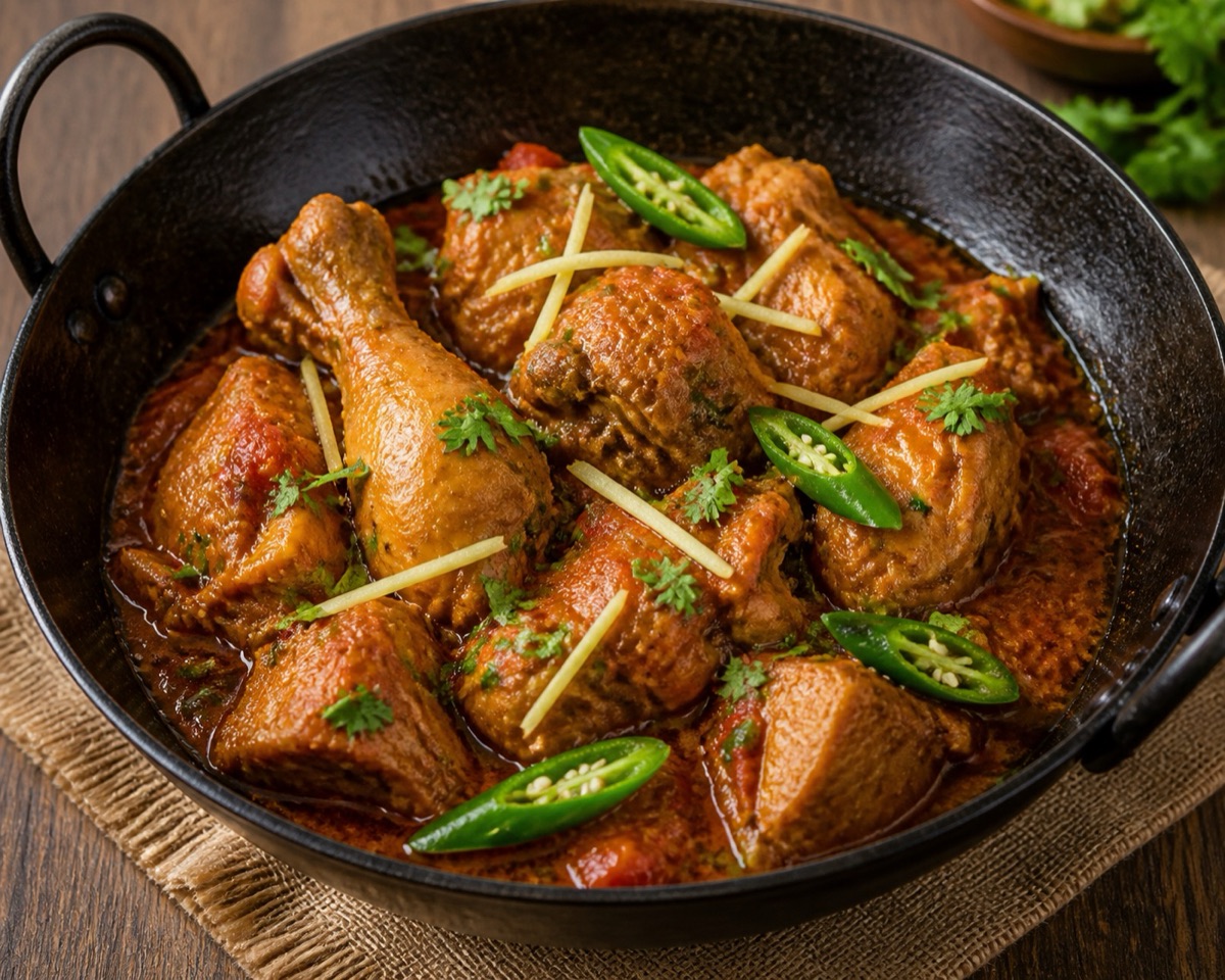 Chicken karahi in tomato sauce with cilantro and green chilies