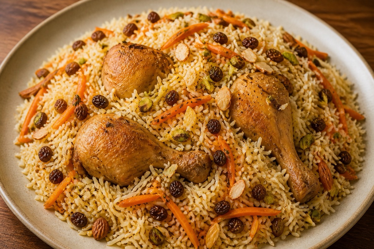 Chicken palaw with carrots, raisins, nuts, and basmati rice