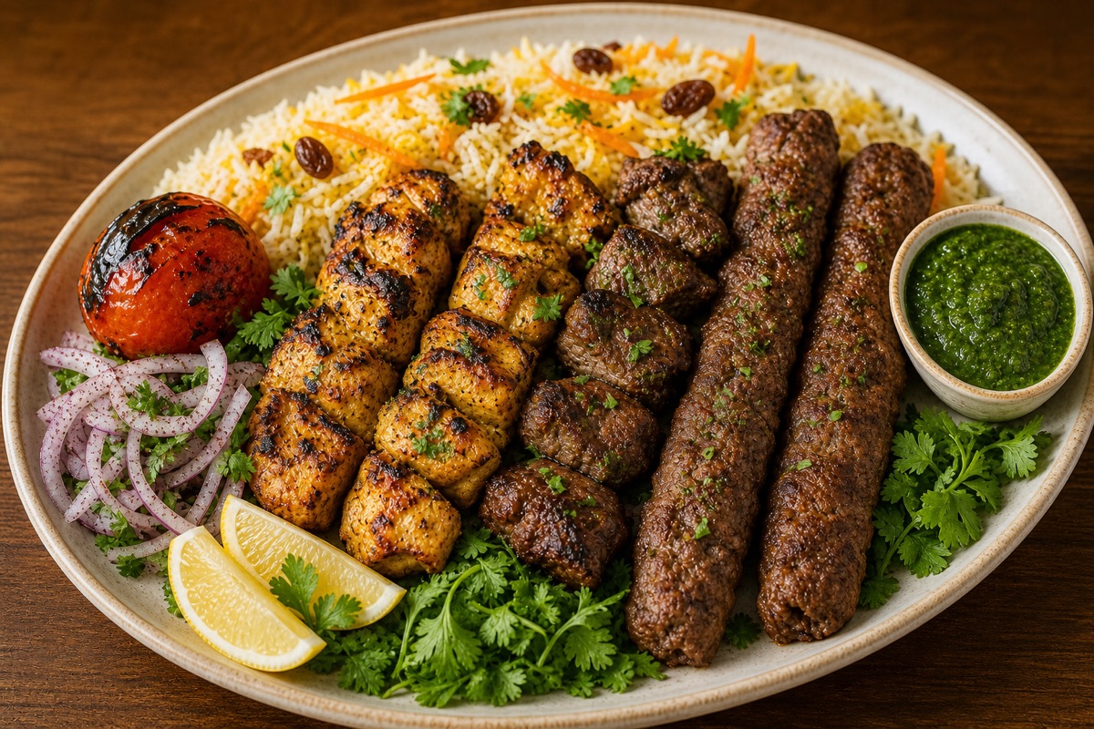 Degi Special mixed Afghan kabab platter with rice and chutney