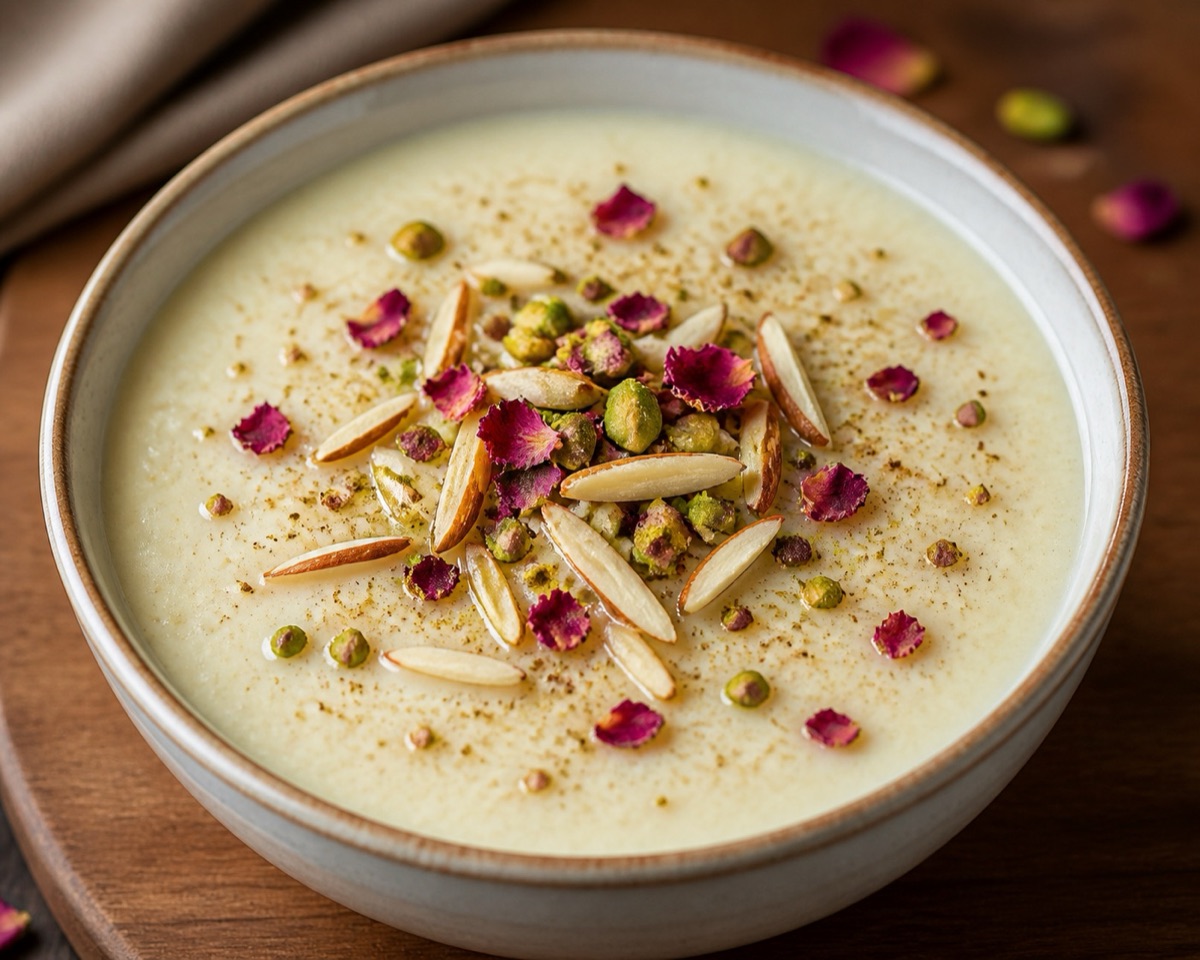 Firnee pudding topped with pistachios, almonds, and rose petals