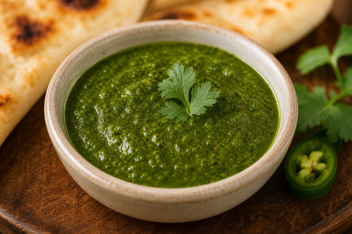 Green Afghan chutney in a ceramic dipping bowl