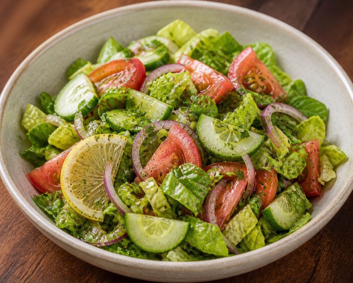 Fresh house salad with cucumber, tomato, red onion, and herbs