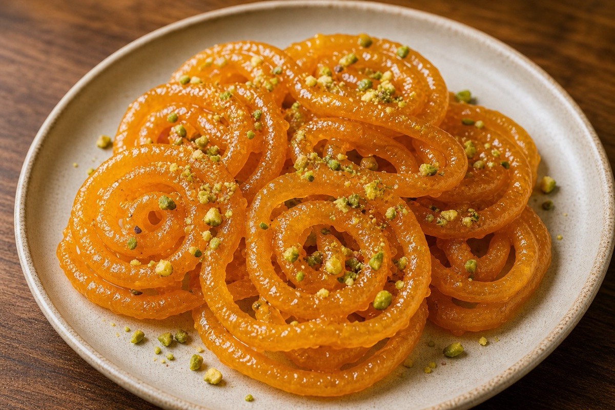 Golden jalebi spirals with syrup and pistachios