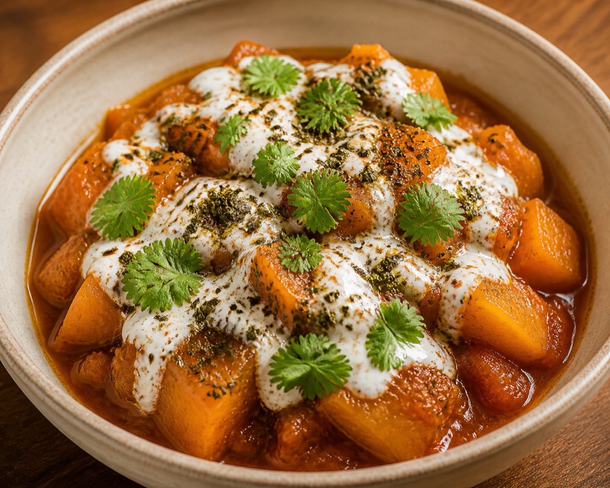 Kadu pumpkin side with tomato sauce and yogurt