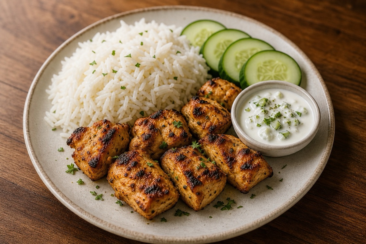Kids chicken kabab plate with rice and cucumber