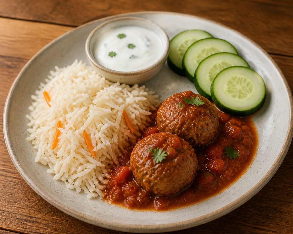 Kids rice and kofta plate with cucumber and yogurt
