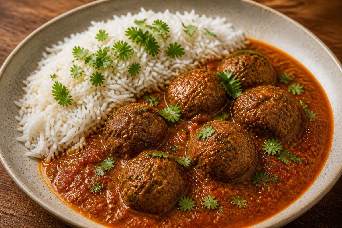 Kofta challow meatballs in tomato sauce with rice