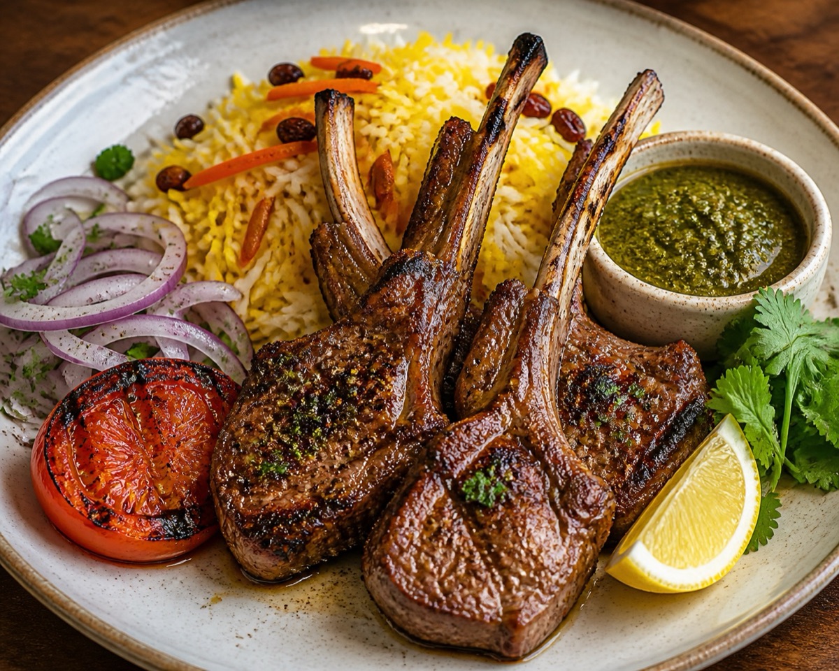 Grilled lamb chops with rice, tomato, onion, and chutney