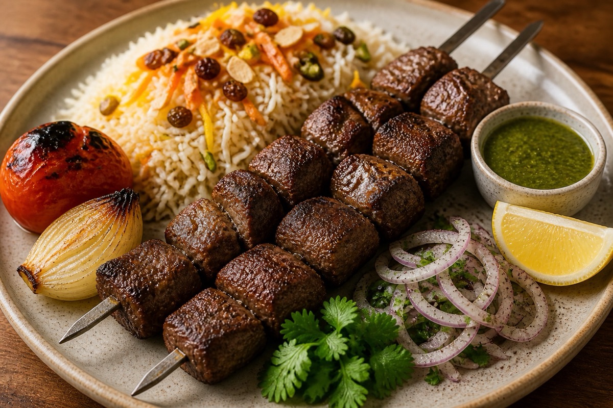 Lamb kabab skewers with rice, lemon, onion, and chutney