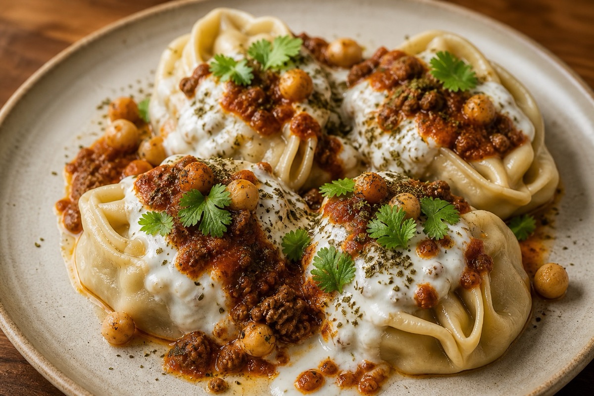 Mantoo dumplings with yogurt, tomato sauce, chickpeas, and herbs