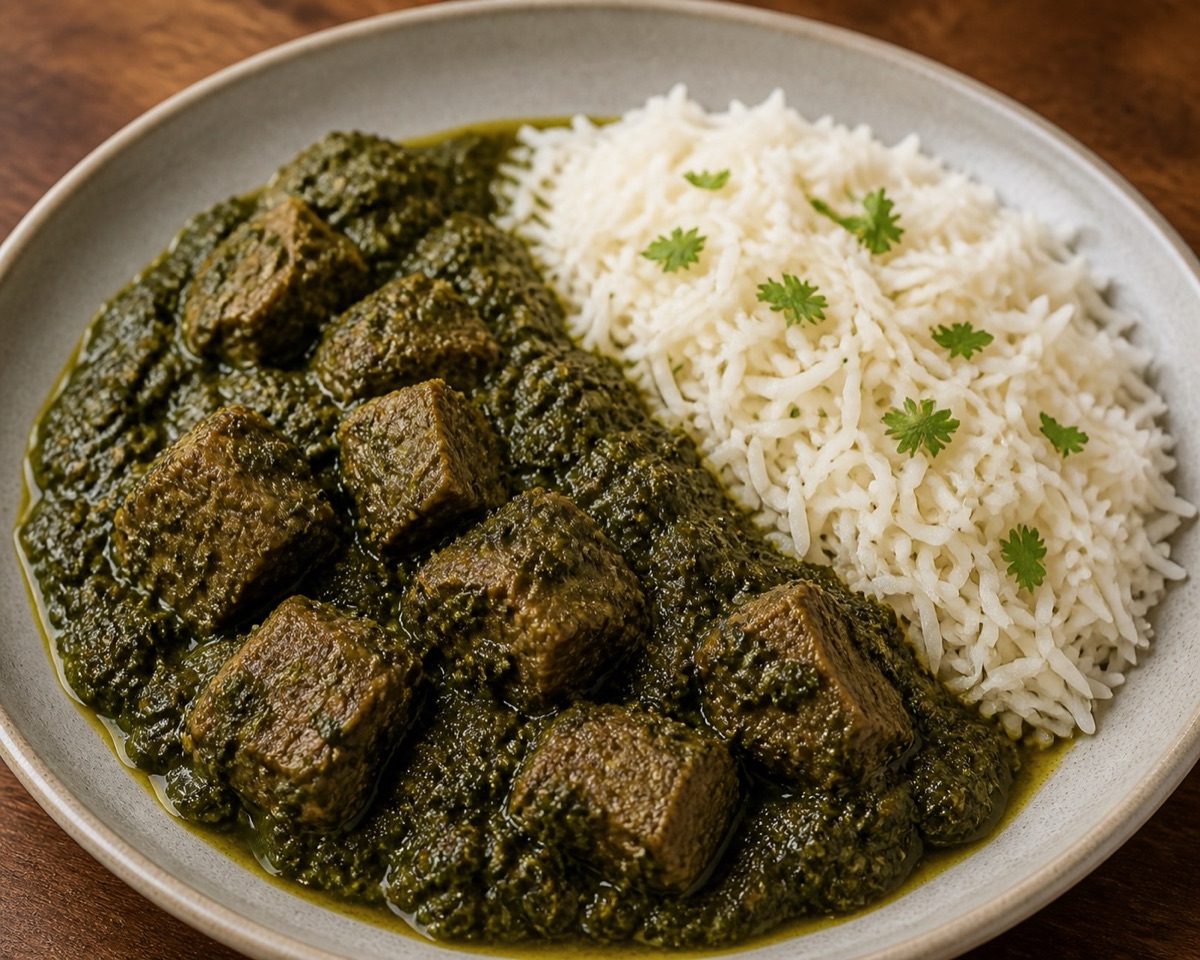 Sabzi challow with spinach, meat, and rice