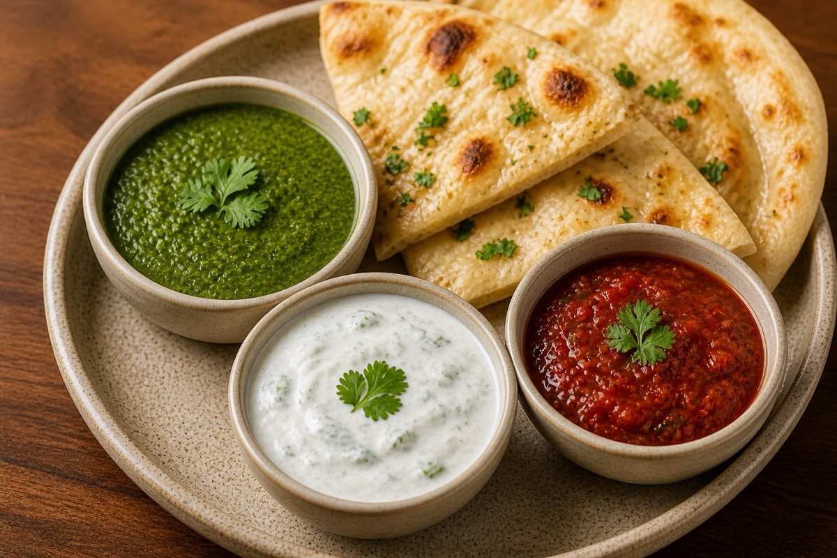 Three Afghan dipping sauces with naan wedges
