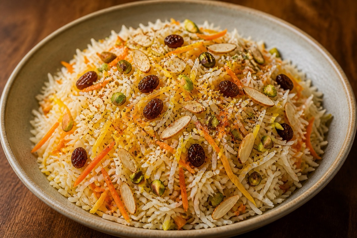 Seasoned basmati rice with saffron, carrots, raisins, and nuts
