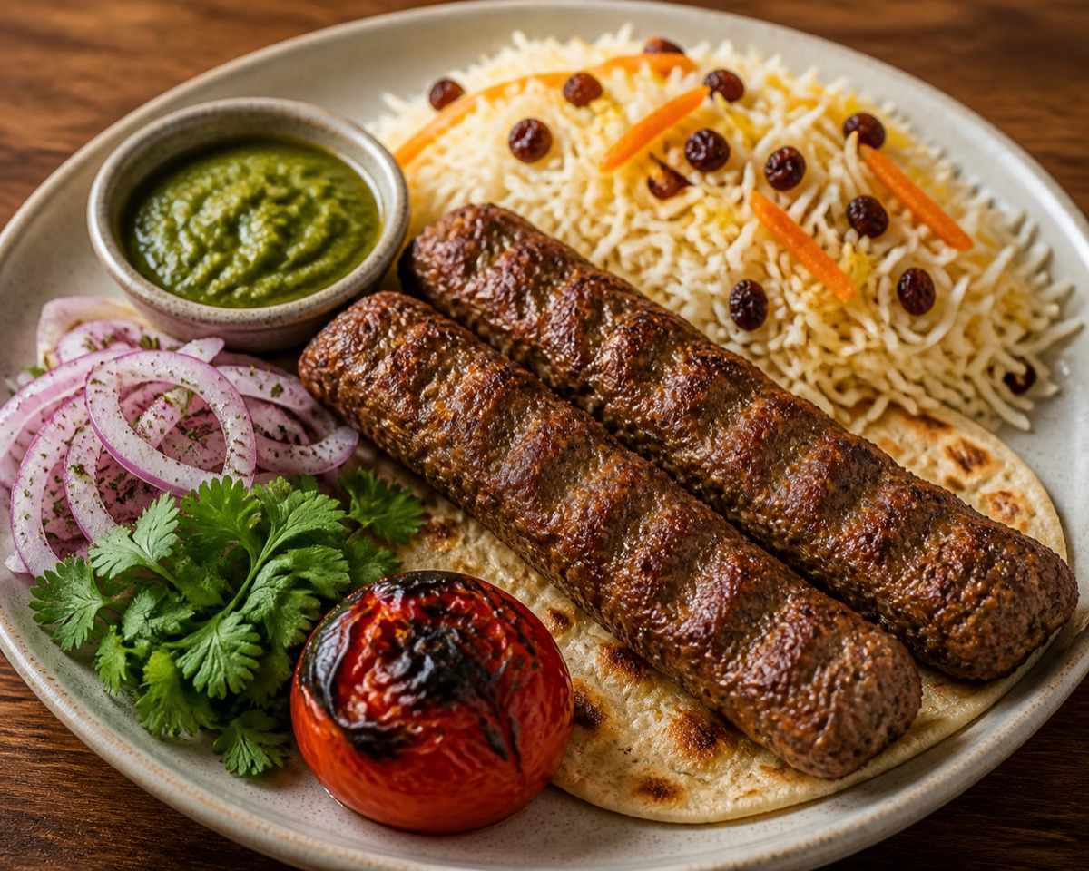 Shami beef kabab skewers with rice and grilled tomato