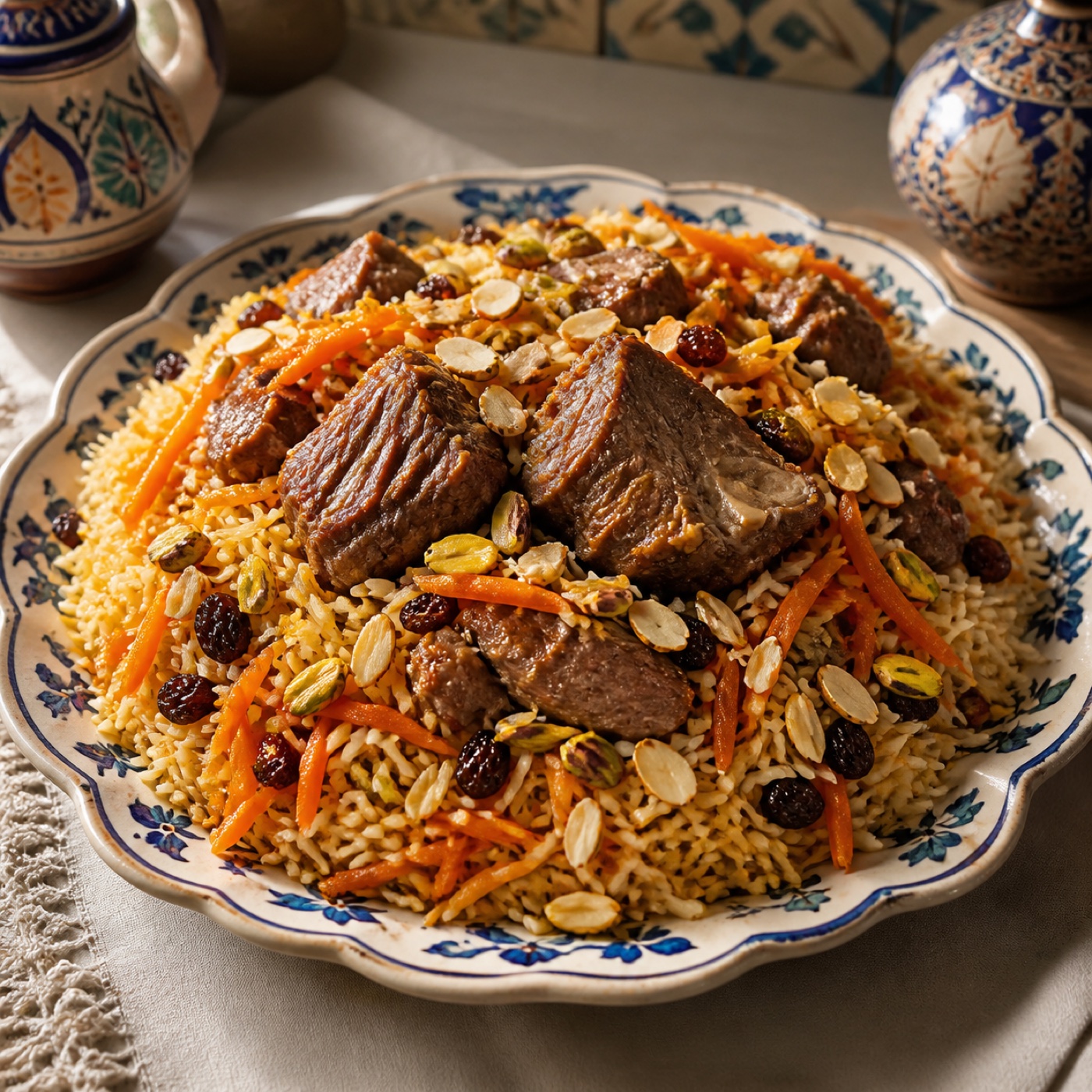 Qabuli palaw with lamb, carrots, raisins, almonds, and pistachios